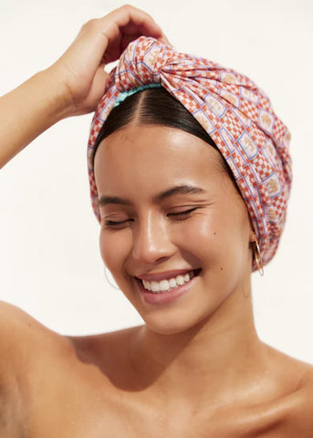 LOUVELLE - DAHLIA Shower Cap - Orange Palm Check