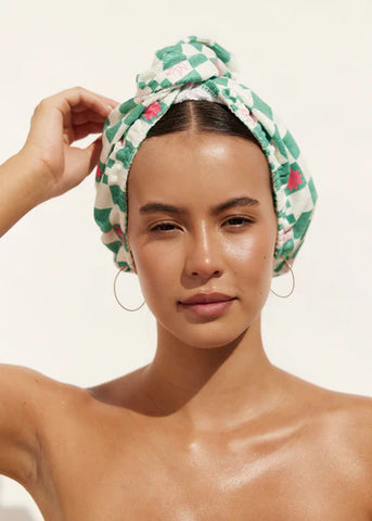 LOUVELLE - RIVA Hair Towel Wrap - Green Check