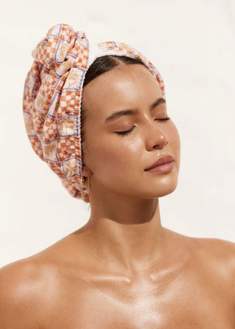 LOUVELLE - RIVA Hair Towel Wrap - Orange Palm Check