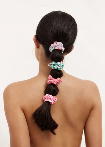 LOUVELLE - Printed Scrunchies - Pink/Green