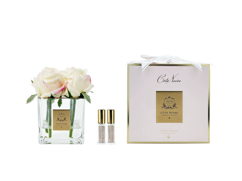 COTE NOIRE - SQUARE VASE PERFUMED NATURAL TOUCH 4 ROSES - CLEAR - PINK BLUSH - WHITE & GOLD BOX