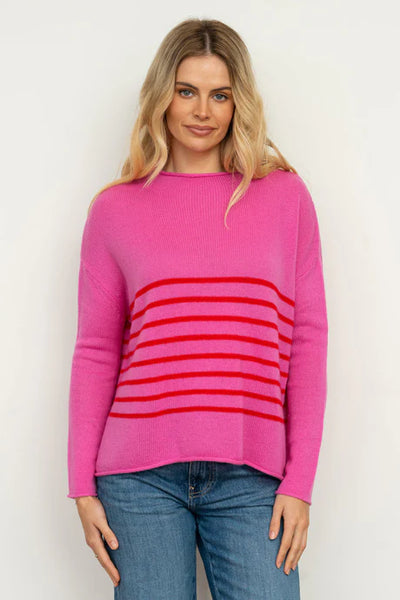 EST - The Smith Wool/Cashmere Crew - Hot Pink / China Red Stripe