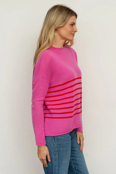 EST - The Smith Wool/Cashmere Crew - Hot Pink / China Red Stripe