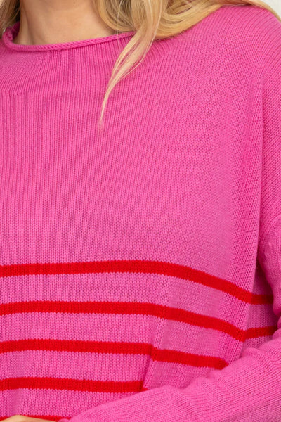 EST - The Smith Wool/Cashmere Crew - Hot Pink / China Red Stripe