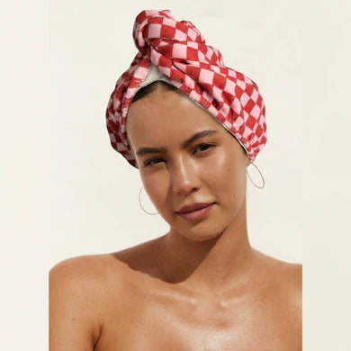 LOUVELLE - RIVA Hair Towel Wrap - Red Pink Check