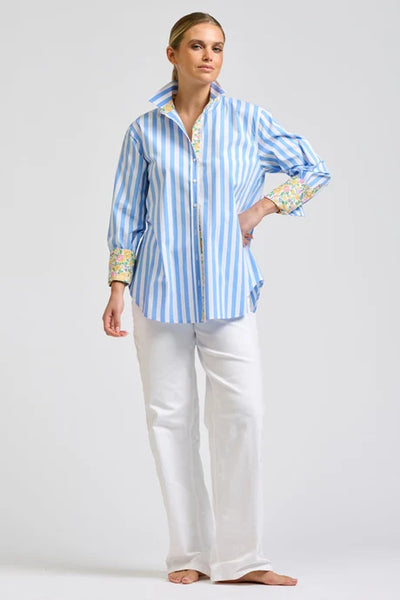 Shirty - Elodie Trim Floral Shirt - Pale Blue Stripe With Floral Trim