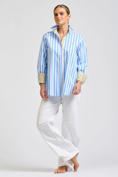 Shirty - Elodie Trim Floral Shirt - Pale Blue Stripe With Floral Trim
