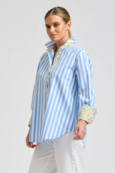 Shirty - Elodie Trim Floral Shirt - Pale Blue Stripe With Floral Trim
