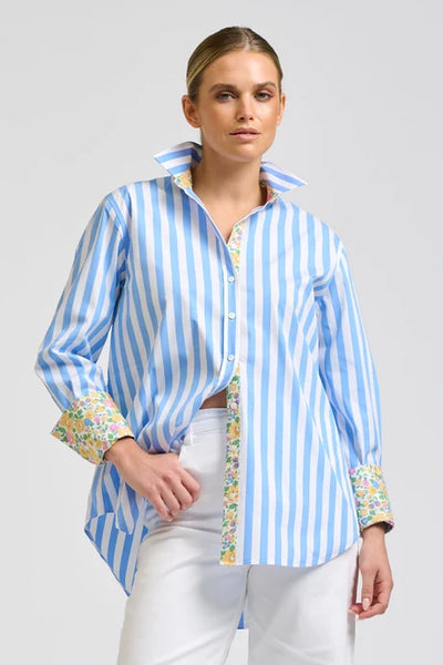 Shirty - Elodie Trim Floral Shirt - Pale Blue Stripe With Floral Trim