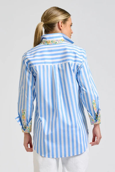Shirty - Elodie Trim Floral Shirt - Pale Blue Stripe With Floral Trim