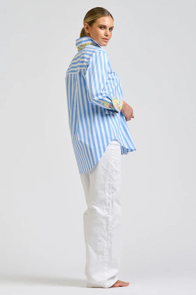 Shirty - Elodie Trim Floral Shirt - Pale Blue Stripe With Floral Trim