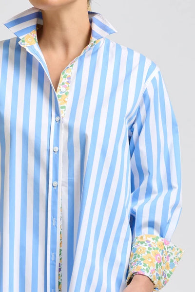 Shirty - Elodie Trim Floral Shirt - Pale Blue Stripe With Floral Trim
