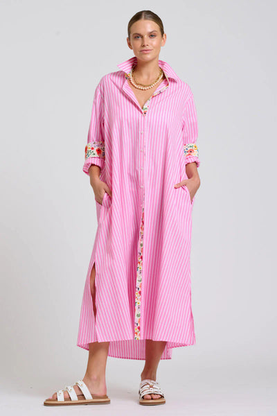Shirty - The Luna Oversized Long Line Shirt Dress - Pink Stripe Floral Trim