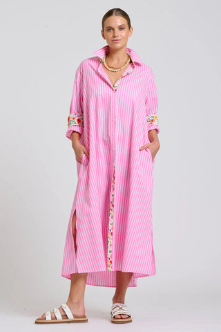 Shirty - The Luna Oversized Long Line Shirt Dress - Pink Stripe Floral Trim