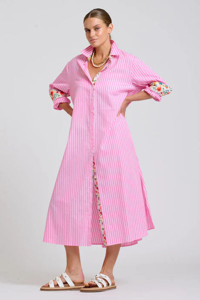 Shirty - The Luna Oversized Long Line Shirt Dress - Pink Stripe Floral Trim