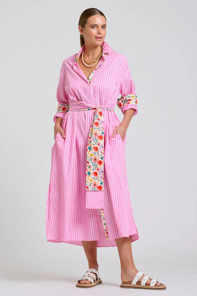 Shirty - The Luna Oversized Long Line Shirt Dress - Pink Stripe Floral Trim