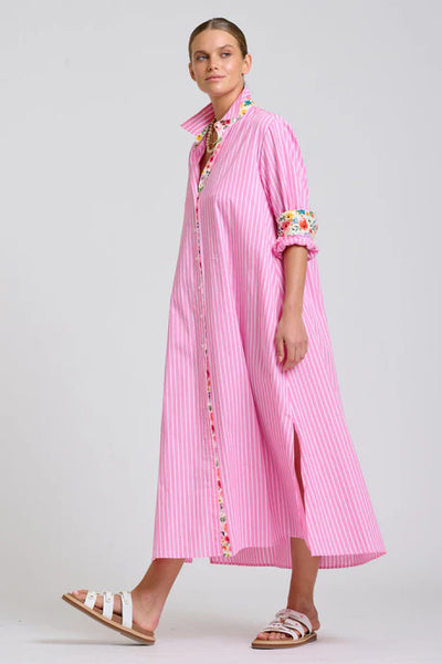 Shirty - The Luna Oversized Long Line Shirt Dress - Pink Stripe Floral Trim