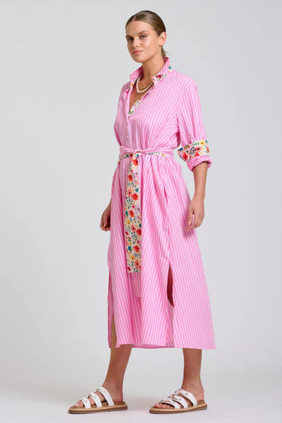 Shirty - The Luna Oversized Long Line Shirt Dress - Pink Stripe Floral Trim