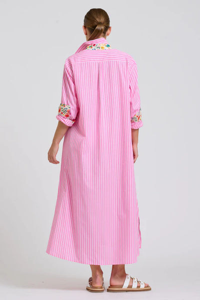 Shirty - The Luna Oversized Long Line Shirt Dress - Pink Stripe Floral Trim