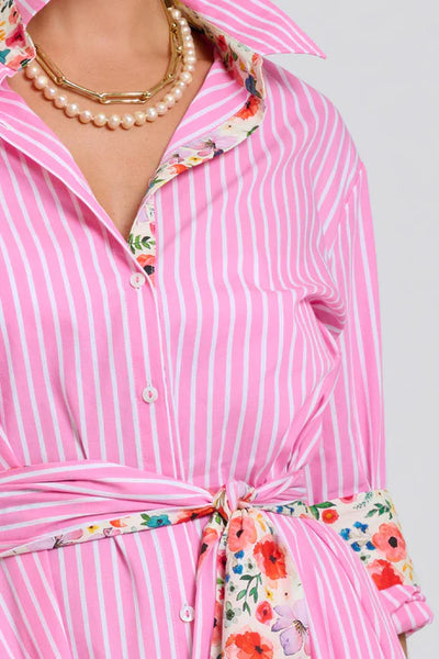 Shirty - The Luna Oversized Long Line Shirt Dress - Pink Stripe Floral Trim