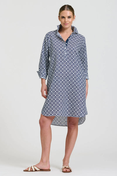 Shirty - The Popover Shirtdress - White with Navy Print