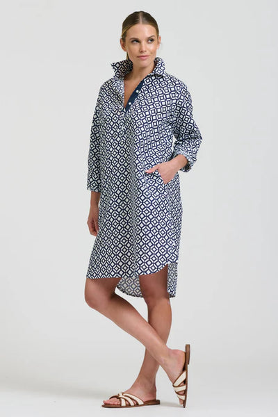 Shirty - The Popover Shirtdress - White with Navy Print