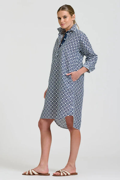 Shirty - The Popover Shirtdress - White with Navy Print