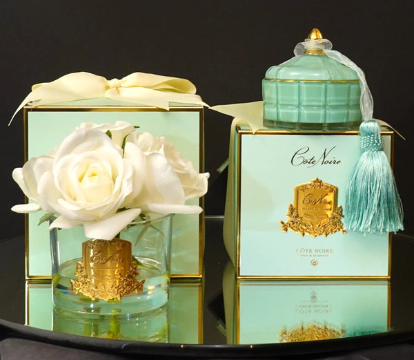 COTE NOIRE - PERFUMED NATURAL TOUCH 5 ROSES - CLEAR & GOLD BADGE - IVORY WHITE - JADE TIFFANY BOX