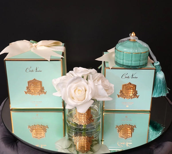 COTE NOIRE - PERFUMED NATURAL TOUCH 5 ROSES - CLEAR & GOLD BADGE - IVORY WHITE - JADE TIFFANY BOX