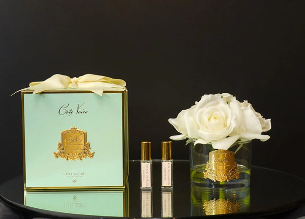 COTE NOIRE - PERFUMED NATURAL TOUCH 5 ROSES - CLEAR & GOLD BADGE - IVORY WHITE - JADE TIFFANY BOX