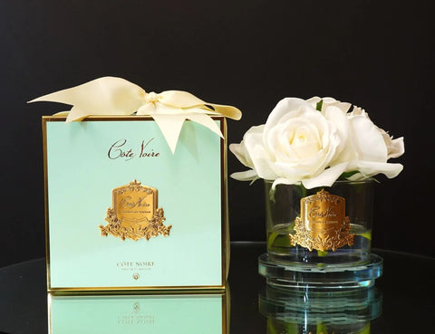 COTE NOIRE - PERFUMED NATURAL TOUCH 5 ROSES - CLEAR & GOLD BADGE - IVORY WHITE - JADE TIFFANY BOX