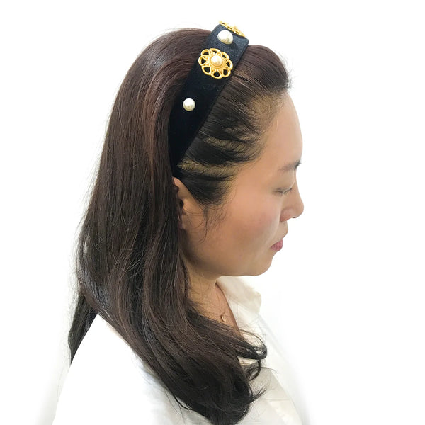 Paris Mode - Velvet Pearl Embellished 3 cm Flat Headband