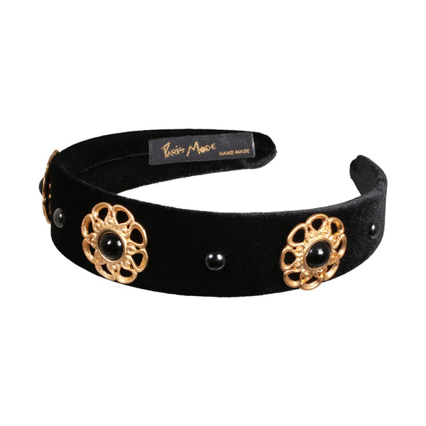 Paris Mode - Velvet Metal Embellished 3 Cm Flat Headband