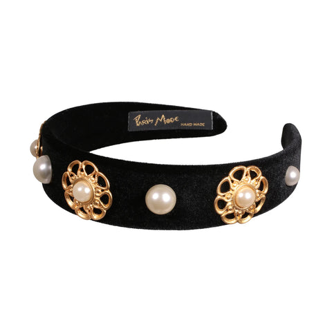 Paris Mode - Velvet Pearl Embellished 3 cm Flat Headband